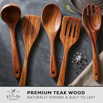 Zulay Kitchen Extra-Large 5-Piece Wooden Spoon Set - Smooth Teak Cooking Utensils - Comfort-Grip Non-Stick Turner, Spatula, Skimmer, Fork, Serving Spoon - size: 5 Piece | Large