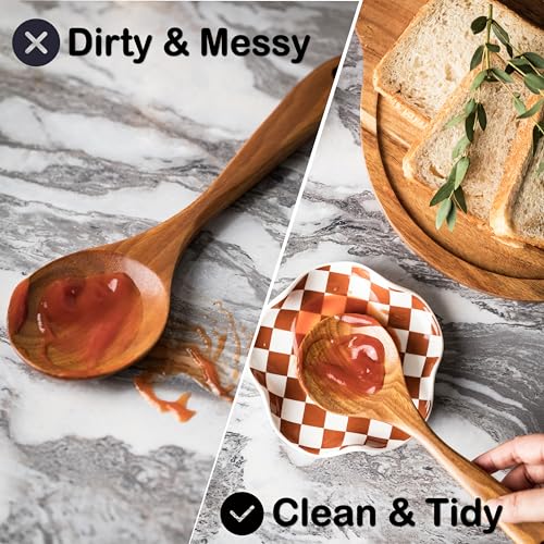 Miamolo Checkered Spoon Rest for Kitchen Counter, Holds Cooking Utensils | 5.3" Spoon Holder for Stove Top | Ceramic Solid Build, Deep Well for Messy Drips | Coffee Bar Essential, Dishwasher Safe - color: Brown-White
