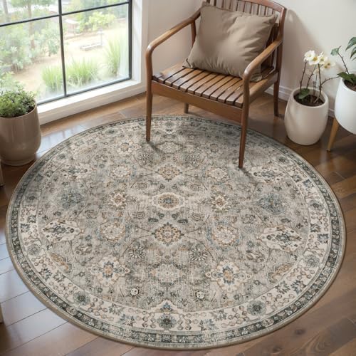 Tangsoo Round Rug 4ft Washable Small Circle Rug Non Slip,Vintage Beige Rug | Soft Low Pile Boho Floral Circular Rug, Washable Farmhouse Round Carpet for Bedroom,Entryway,Nursery,Dorm,Office,Dinning Room - color: Distressed Beige Grey, size: 4' X 4' (Round