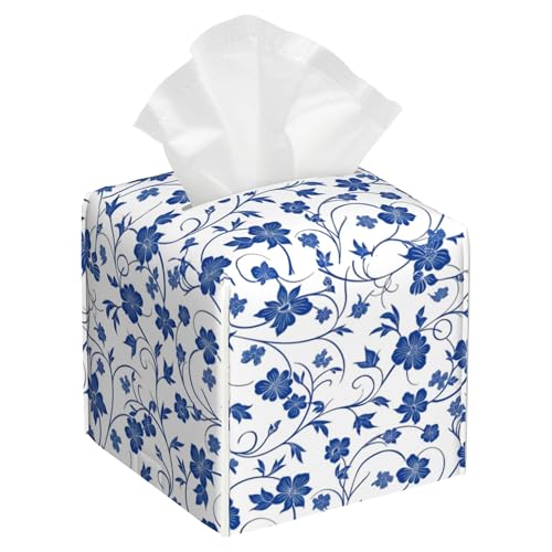 Blue and White Boho Floral Tissue Box Cover Square,Vintage Blue Flowers Leather Tissue Box Holder Decorative Facial Cube Paper Cover Case Organizer for Bathroom Night Stands Desk Home - color: Color2