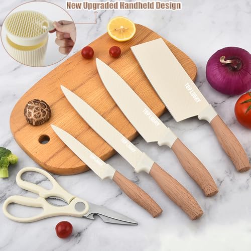 Knife Set, Wiztoynia 6-Piece Beige Kitchen Knife Set for Home, Anti-Rust Non-stick Stainless Steel Sharp Chef Knife Set with Universal Knife Block for Kitchen, Ergonomical Design (Beige) - color: Beige