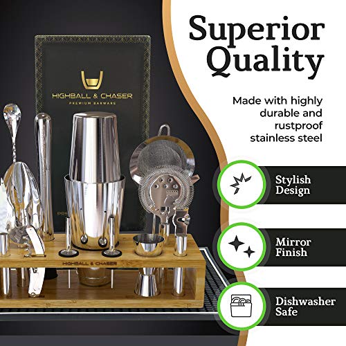 Highball & Chaser 13-Piece Boston Cocktail Shaker Set Stainless Steel Mixology Bartender Kit With Stand For Home Bar Cocktail Set | Laser Engraved Cocktail Tools | Plus E-Book with 30 Cocktail Recipes - color: Natural