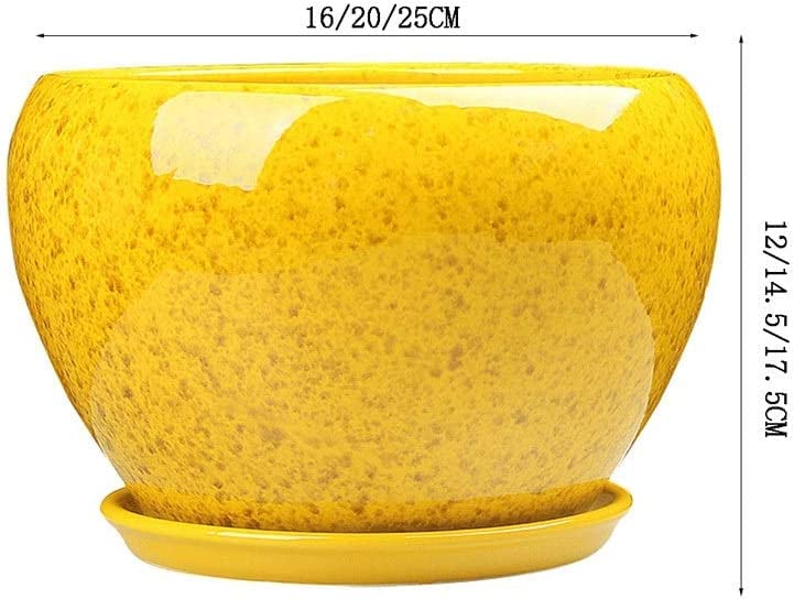 Yellow Ceramic Plant Pot with Tray Modern Glazed Round Flower Pot, Decorative Outdoor/Indoor Planter for Succulents, Cactus, Herbs, Unique Gardening Gift