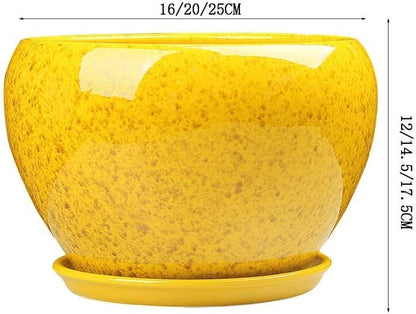 Yellow Ceramic Plant Pot with Tray Modern Glazed Round Flower Pot, Decorative Outdoor/Indoor Planter for Succulents, Cactus, Herbs, Unique Gardening Gift