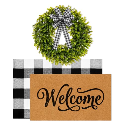 Front Door Mat Wreath Set, 3 Pcs, for Porch, 29.9'', Buffalo | Plaid Welcome Greenery Farmhouse Faux Coir Doormat Layering Rug 19" Greenery Outside Decor - color: Classic Welcome Check