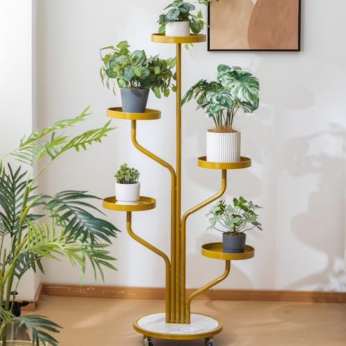 CHPHI 5 Tier Indoor Plant Stand Wrought Iron, Tall Metal Plant Stand with Wheels, Metal Rolling Plant Shelf with 5 Trays, Multi-tier Rolling Display Stand for Home and Office(Gold)
