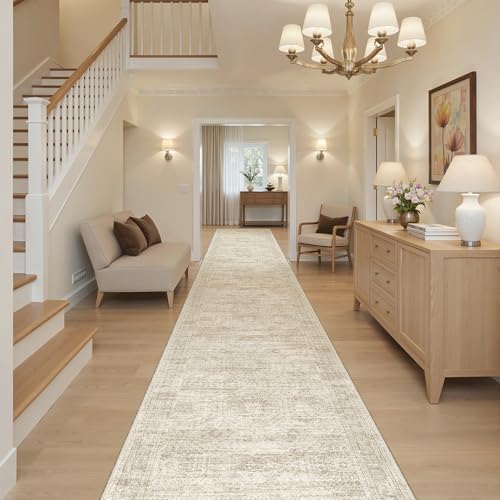 Soalmost Hallway Runner Rug 2'6" x 16' Washable Long Kitchen Rugs Beige | Non-Slip Vintage Runners 2.5x16ft for Bathroom Entryway, Thin Low-Pile Foldable Floor Carpet Mat 16 ft for Corridor Bedroom - color: Beige, size: 2'6" x 16' (Runner)