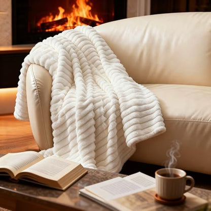 Nookly Cream Twin Size Fleece Blanket, Soft Lightweight Ribbed Plush Bed Blanket, Cozy All-Season Striped Fleece Twin Throw for Bedroom and Home, 60x80 Inches - color: Cream, size: Twin(60"x80")
