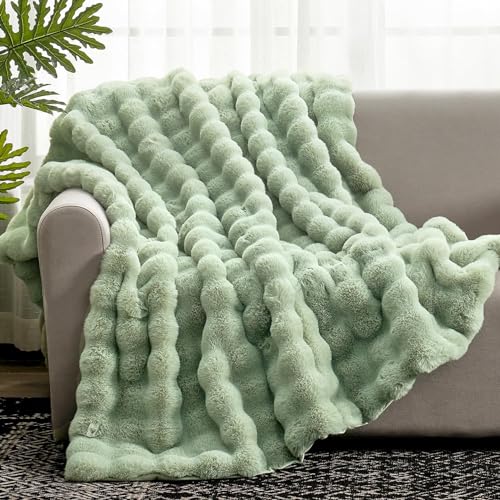 Cozy Bliss Faux Fur Throw Blanket for Couch, Fuzzy Soft Plush Thick Bubble Blanket for Sofa Bedroom Living Room, 50 * 60 Inches Sage Green - color: Sage Green, size: Throw(50" x 60")