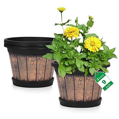 Quarut Plant Pots Set of 3 Pack 9 inch,Whiskey Barrel Planters with Drainage Holes & Saucer.Plastic Decor Flower Pots Imitation Wine Barrel Design,for Indoor & Outdoor Garden Home Plants (Brown) - size: 9 inches