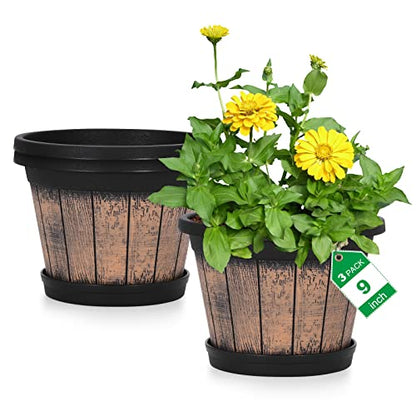 Quarut Plant Pots Set of 3 Pack 9 inch,Whiskey Barrel Planters with Drainage Holes & Saucer.Plastic Decor Flower Pots Imitation Wine Barrel Design,for Indoor & Outdoor Garden Home Plants (Brown) - size: 9 inches