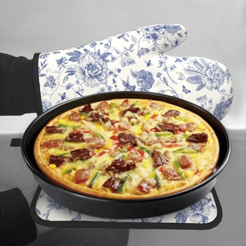 Giwawa Chinoiserie Flower Oven Mitts and Pot Holder Blue Leaves Heat Resistant 2Pcs Washable Oven Gloves Hot Pads for Kitchen Baking Grilling BBQ - color: Chinoiserie Flower