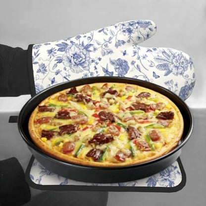 Giwawa Chinoiserie Flower Oven Mitts and Pot Holder Blue Leaves Heat Resistant 2Pcs Washable Oven Gloves Hot Pads for Kitchen Baking Grilling BBQ - color: Chinoiserie Flower