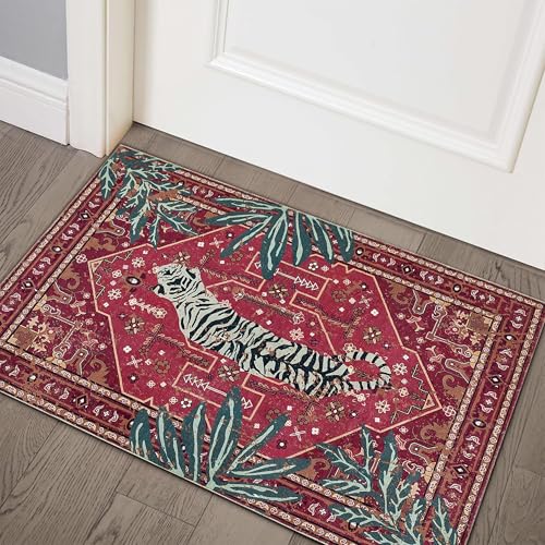Vintage Tribal Faux Wool Red Boho Throw Rugs - 2x3, Non-Slip, Washable for Bathroom, Kitchen, Indoor, Entryway, Modern, Distressed, Tribal, Indian Accent Floor Mat - color: Wine Red, size: 2' x 3'