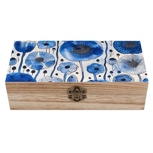 MUSM Vintage Wooden Storage Box, White Blue Ink Keepsake Box for Jewelry, Photos, Letters, Elegant Desktop Organizer for Home & Office Decor