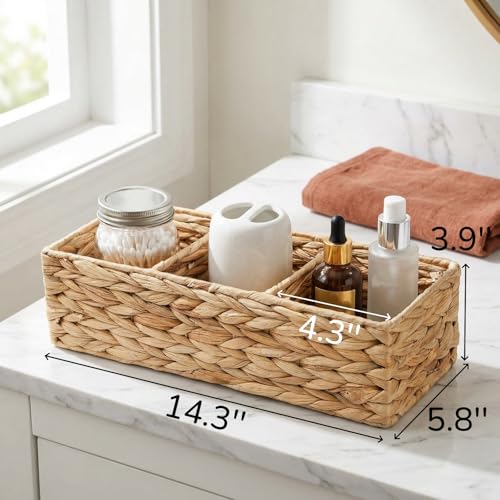 Pumtus 2 Pack 3-Section Woven Baskets, Water Hyacinth Storage Bin, Handwoven Desk Organizer, Toilet Paper Container, Rectangle Holder for Counter Top Toilet Tank Shelves Coffee Bar Pantry