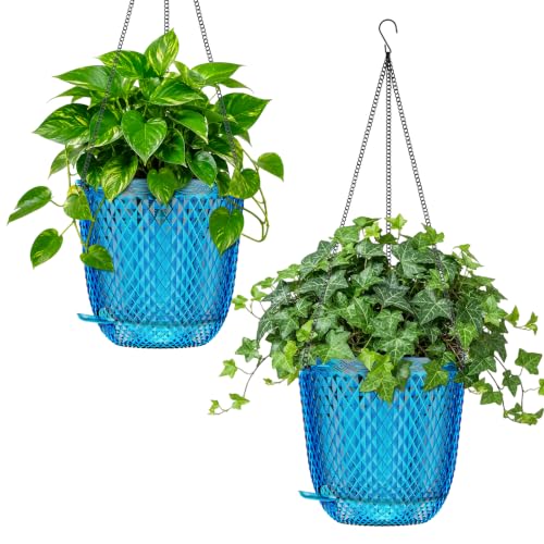 QCQHDU 7.2 Inch 2 Pack Hanging Planters for Indoor Outdoor Plants,Self Watering Flower Pots Hanging Basket,Plastic Plant Hanger with Drainage Holes and 3 Hooks for Window Porch Garden Balcony, (Blue) - color: Blue, size: 7.2"+7.2"