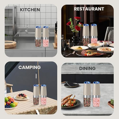 Battery Operated Salt And Pepper Grinder Set 2 Pack (Khaki) | Gravity-Activated Automatic Grinder With Led Light & Adjustable Coarseness, Each Uses 6 Aaa Batteries,Kitchen Daily Seasoning - color: Battery/2pcs/Khaki