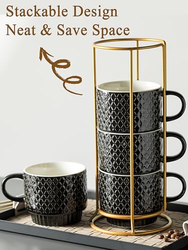 Gomakren Coffee Mugs Set of 4, 13oz Stackable Coffee Cups with Stand, Black | Gloss Embossed Stoneware, Gold Rack & Spoons | for Coffee, Milk, Tea, Cocoa, Daily & Gifting Use | Microwave/Dishwasher Safe - color: Black