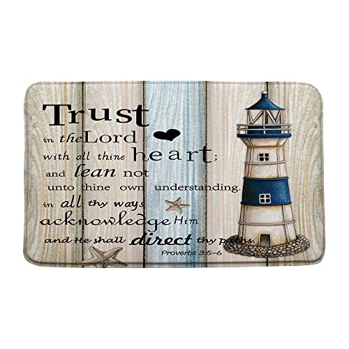 Nautical Lighthouse Bath Mat Inspirational Quotes Rustic Wooden Board Beach Ocean Navy Blue Memory Foam Bathroom Kitchen Bedroom Livingroom Soft Floor Rug, 17.8"x29.5"