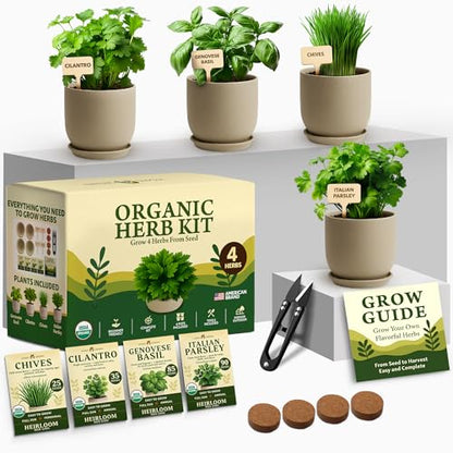 HOME GROWN Indoor Organic Herb Garden Kit, Unique Valentines Day Gift for Adults, Men, & Women,Grow 4 Herb Seeds for Kitchen Window Garden,Beginner DIY Hobby Gardening for Plant Lovers, Mom & Dad - style: Starter Organic Grow Herb Kit