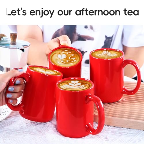 16 OZ Coffee Mugs, Classic Blank Ceramic Cup with Large Handle for Tea Latte Cappuccino, Set of 4, Red - color: Red