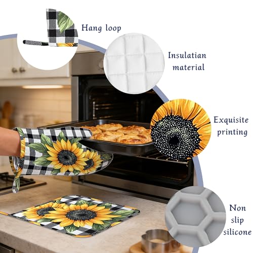 Sunflower Flower Potholders & Oven Mitts Sets Black White Check Plaid Silicone Heat Resistant Oven Mits and Hot Pads Non-Slip Pot Holders Gloves for Kitchen Chef Cooking Baking Grilling BBQ - color: Sunflower Flower,black White Check Plaid
