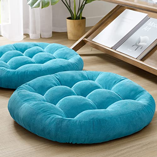 Meditation Floor Pillow Set of 2, Round Large Pillows Seating for Adults, Tufted Corduroy Thick Cushion for Living Room Tatami, Turquoise, 22 Inch'2 Count (Pack of 1) | Floor Cushion For Reading & Zen, 3.5" Thick Supportive Shredded Memory Foam, Breathabl