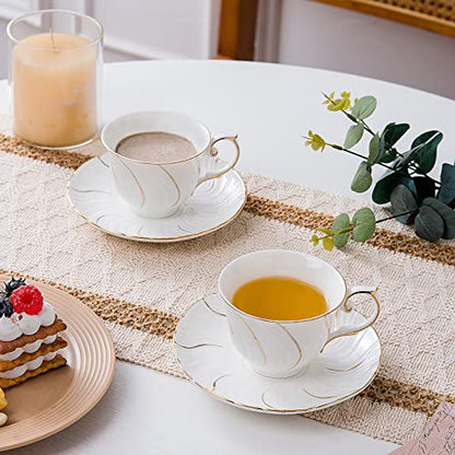 Agyiuns tea cups and saucers ceramic coffee mug 6oz for Coffee, Latte, Cafe Mocha and Tea-Set of 4, White - color: White - Set of 4