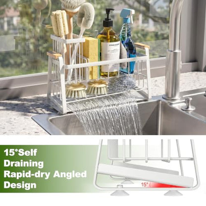 Housolution 2-Tier Sponge Holder for Kitchen Sink Caddy with Brush Holder | Auto-Draining, Suction Cups, Wooden Handle , Kitchen Sink Countertop Organization Storage, Dish Soap Holder, Rustproof, White - color: White