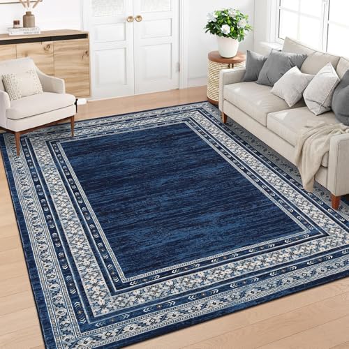 8x10 Area Rugs for Living Room, Machine Washable Area Rug for Bedroom, Modern Solid Rug with Non Slip Backing, Stain Resistant Non Shedding Bordered Carpet for Dining Room, Kids Room, Blue | Modern Solid Non Slip Backing Neutral Border Stain Resistant Non