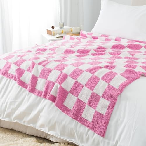 Carriediosa Checkered Throw Blanket 50x60, 400GSM Ultra Soft Microfiber | Hot Pink, Fuzzy Fluffy Cozy Plush Knit Knitted Plaid Checker, Lightweight Cute Preppy Fall Blankets & Throws for Couch, Bed - color: Check - Hot Pink, size: 50" X 60"