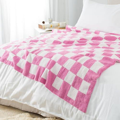 Carriediosa Checkered Throw Blanket 50x60, 400GSM Ultra Soft Microfiber | Hot Pink, Fuzzy Fluffy Cozy Plush Knit Knitted Plaid Checker, Lightweight Cute Preppy Fall Blankets & Throws for Couch, Bed - color: Check - Hot Pink, size: 50" X 60"