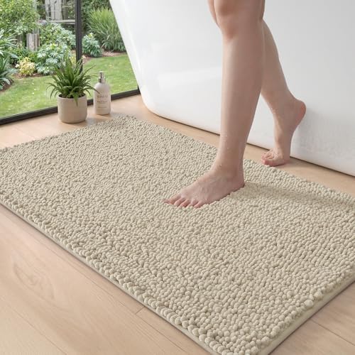 DEXI Bathroom Rugs 43x24, Super Soft Thick Chenille Absorbent Bath Mat, Non Slip Machine Washable Fluffy Shag Bathmat for Tub, Shower Floor, Beige - color: Beige, size: 43" X 24" (Rectangular)