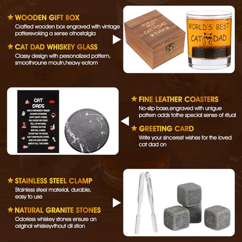 Bayelove Cat Dad Gifts, Best Gift for Dad, Gift with 12oz Whiskey Glasses, Stones, Coaster, Wooden Box for Catfather - color: Cat Dad