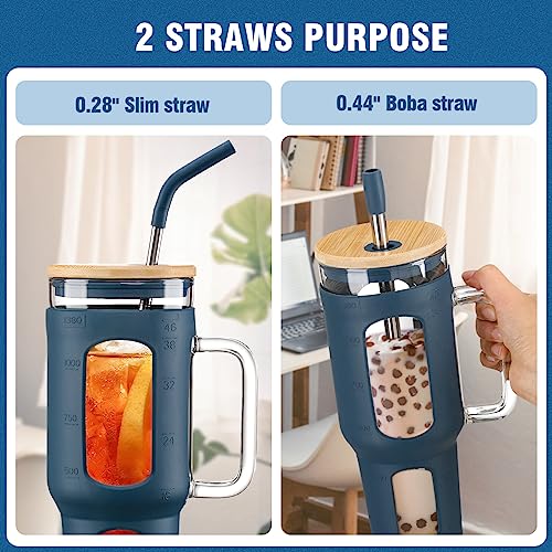 WINSA Glass Tumbler with Lid and Straw, 46 oz, Blue | Iced Coffee Cup with Handle, Large Water Bottle with Silicone Sleeve, Pearl Straw & Drinking Straw, BPA Free - color: Blue, size: 46 Ounces
