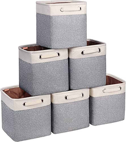 Cube Storage Bins 10.5” x 10.5 x 11” Cloth Baskets for Storage with Handles Storage bins for Shelf, Closet, Office Organizer, Set of 6 | Small Storage Cubes, Foldable Storage Basket, For Shelves Closet Organizers, with Canvas Handle, 6 Pack, Grey - color: