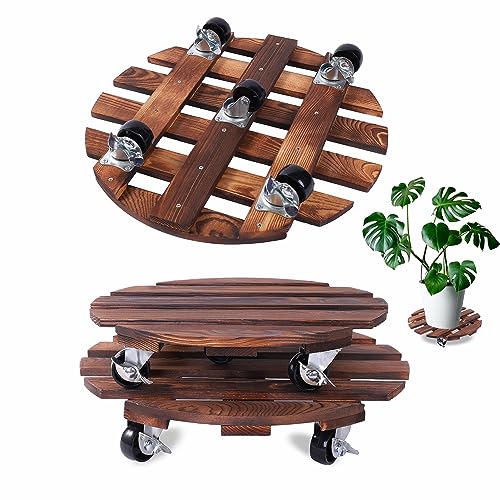 2 Pack Plant Caddy with 5 Wheels, 14" + 12" Rolling Plant Stand 220 LB Heavy Duty Wooden Round Plant Dolly with Metal 360° Lockable Caster Wheels for Outdoor Indoor Large Plant Pots, Flower Pot, Patio - size: 14"+12"