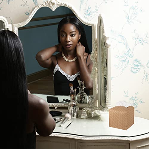zoocatia Tissue Box Cover PU Leather Tissue Holder Square Facial Tissue Case Facial Paper Organizer Dispenser for Bathroom, Vanity Countertop, Tabletop, Car, Khaki | PU Leather，Easy to Fill, Easy Clean, Decorative Cube Tissue Box Holder for Office, Bathro