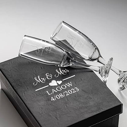 Mr and Mrs Wedding Toasting Champagne Flutes with Box, Set of 2 Glasses With Black Box, Laser engraved Tosting Flutes Engraved Personalized Glasses for Bride and Groom - color: Wedding-13, style: Glasses + Gift Box