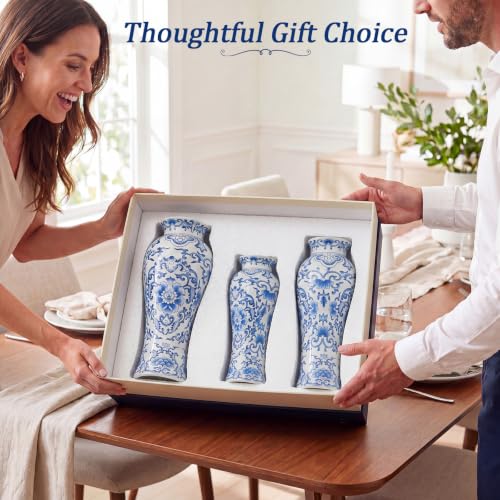 LemonRoad 3 Pack Chinoiserie Vases Porcelain Blue and White Vases for Flowers Pottery Chinoiserie Ceramic Vase for Living Room Mother's Day Decor Table Centerpiece, 6.7", 8.3", 10"(Modern) - style: Modern