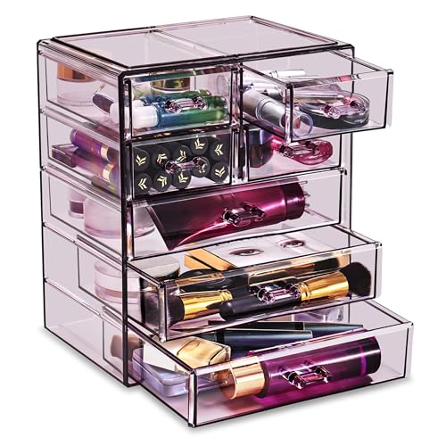 Sorbus Acrylic Makeup Organizer Set, 7-Drawer Vanity & Countertop Cosmetic Storage with Small & Wide Drawers, Purple Makeup Storage for Brushes, Lipsticks, Jewelry – Holiday Gift for Women & Teens - color: Purple, style: 3 Large, 4 Small Drawers