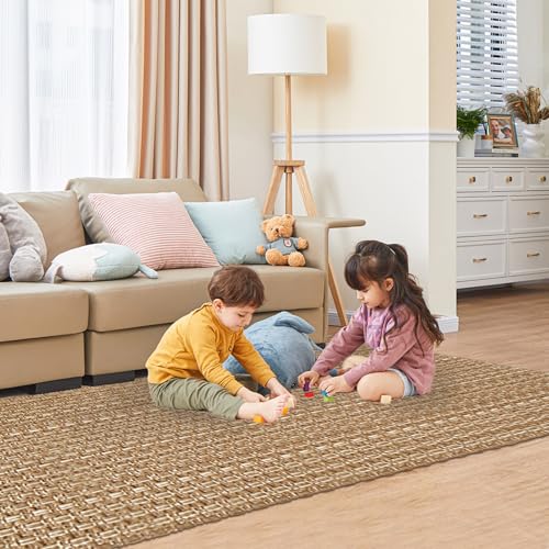 Tan Brown Faux Jute Area Rug 5x7 ft,Braided Solid Rubber Backed Indoor Rug | Washable neutral floor carpet, ideal for living room, bedroom, office and dining space - size: 5' x 7' (Rectangular)