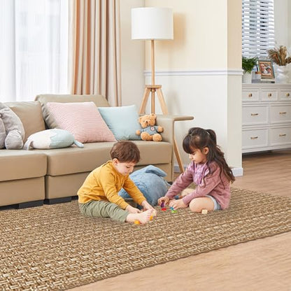 Tan Brown Faux Jute Area Rug 5x7 ft,Braided Solid Rubber Backed Indoor Rug | Washable neutral floor carpet, ideal for living room, bedroom, office and dining space - size: 5' x 7' (Rectangular)