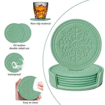 Coasters Set of 6 - PU Leather Coasters for Drinks with Holder - Green - color: Green