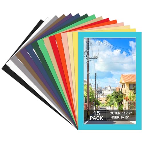 15 Pack 11x17 Picture Mats for 9x15 Photos, Mixed Colors, Bevel Cut | 1.2 mm Thick Mat Board, Cream Core Back, Protects Photos and Artwork, for Frames, Galleries, Offices, and Home Displays - size: 11x17 for Photos 9x15