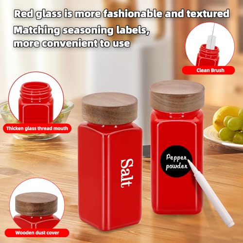 6Pcs 4 oz Square Glass Spice Jars with Label, Empty Spice Containers with Wooden Lids, Square Seasoning Containers and Supplement Set, Small Seasoning Bottles for Salt, Sugar, Pepper (Red) - color: Red