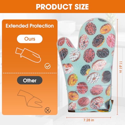 Silicone Oven Mitts Set Heat Resistant 2PCS Kitchen Mittens with Soft Cotton Lining Long Waterproof Non-Slip Oven Gloves for Cooking, BBQ, Baking-Donut - color: Donut