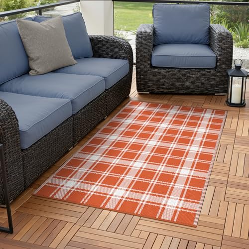 GENIMO Outdoor Rug 3'x5' Waterproof for Porch, Plastic Door Mat Orange Plaid - color: Orange Plaid, size: 3' x 5' (Rectangular)