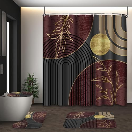 Bathroom Sets with Shower Curtain and Rugs, 4 Pcs Boho Abstract | Geometric Mid Century Vintage Bathroom Decor Set with Toilet Lid Cover, Non-Slip Bath Mats and Accessories 12 Hooks - color: Vintage Grey Red